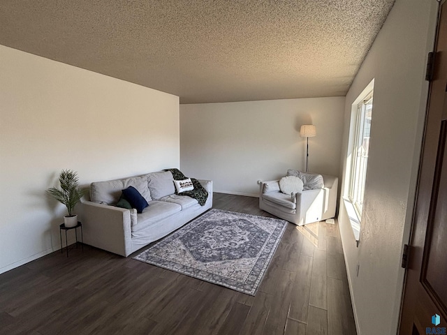 living area featuring wood finished floors, baseboards, and a textured ceiling