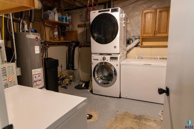 washroom with stacked washer / dryer and gas water heater