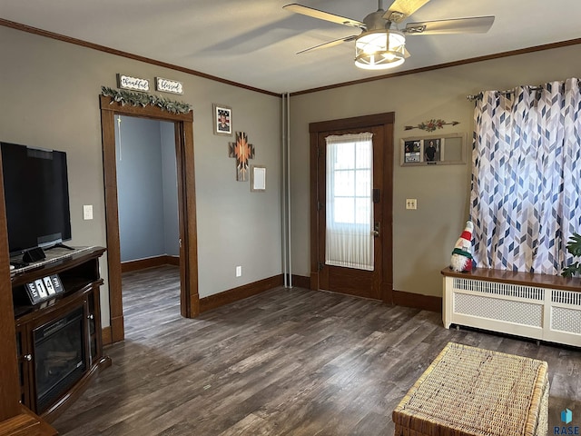 entryway featuring radiator, a ceiling fan, wood finished floors, baseboards, and ornamental molding