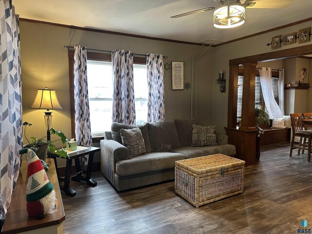 living room featuring wood finished floors, ornamental molding, and a ceiling fan