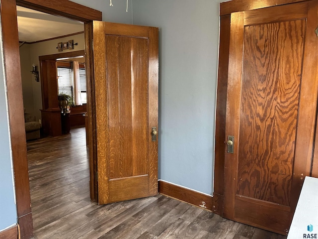 interior space featuring wood finished floors, baseboards, and ornamental molding