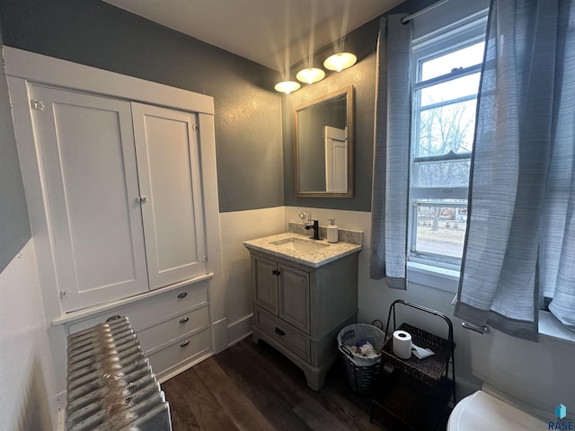 bathroom featuring plenty of natural light, radiator, vanity, and wood finished floors