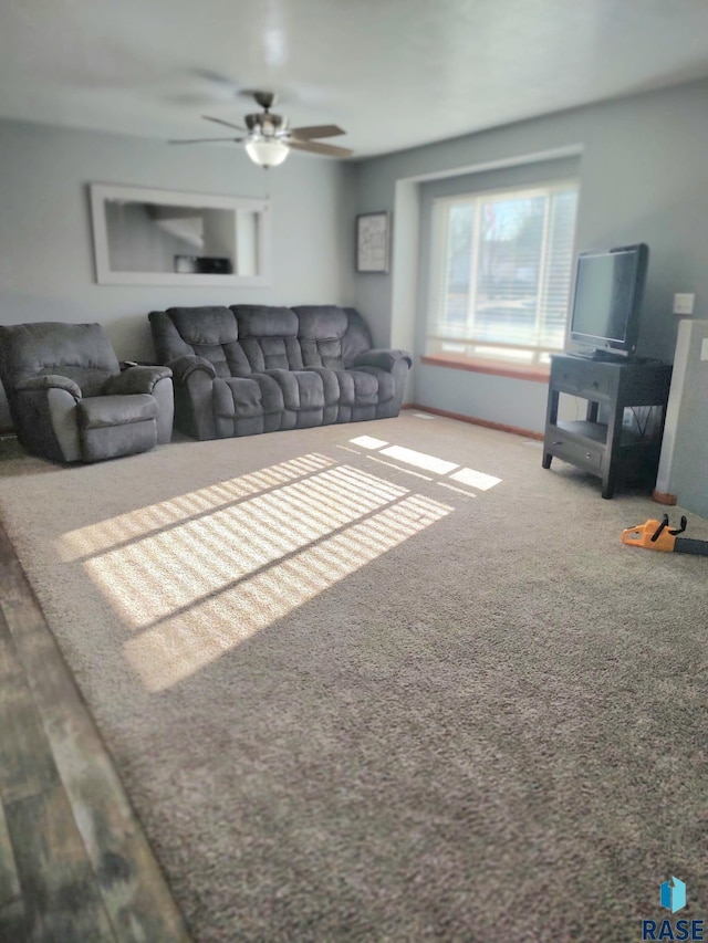 living area with a ceiling fan and carpet floors