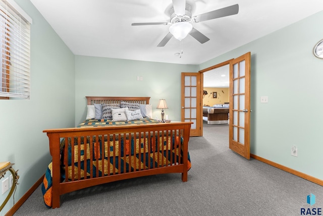 bedroom with french doors, a ceiling fan, baseboards, and carpet floors