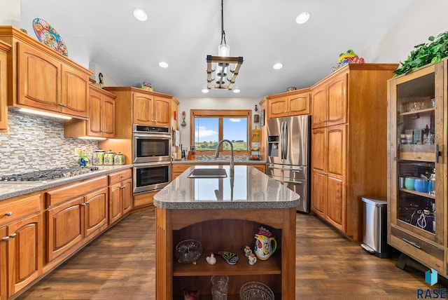 kitchen featuring dark wood-type flooring, open shelves, a sink, backsplash, and appliances with stainless steel finishes