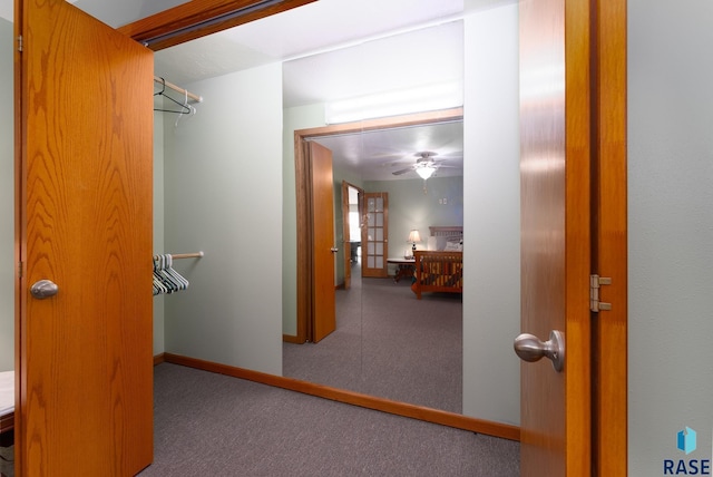 walk in closet featuring carpet floors and a ceiling fan