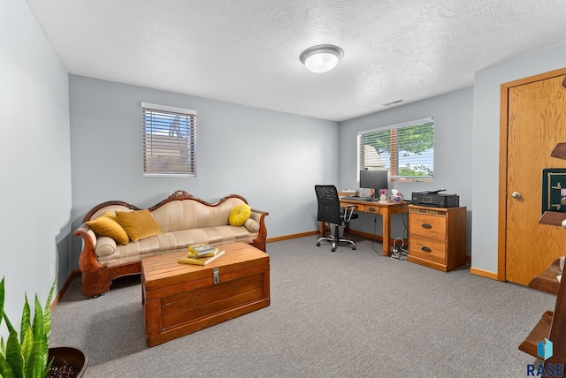 home office featuring baseboards, plenty of natural light, and a textured ceiling
