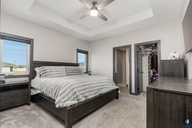 bedroom with a tray ceiling, multiple windows, light carpet, and a spacious closet