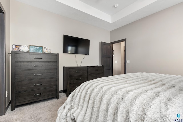 bedroom with a tray ceiling and light colored carpet
