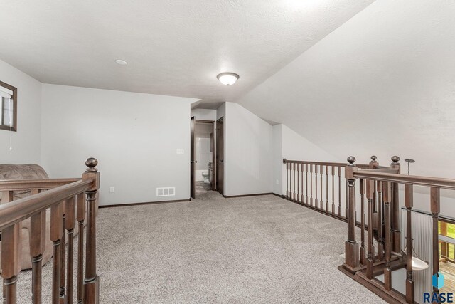 204 E 81st Pl, Sioux Falls, SD 57108 - bedroom featuring visible vents, a textured ceiling, carpet flooring, baseboards, and vaulted ceiling
