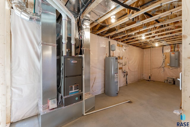 unfinished basement with electric panel and electric water heater