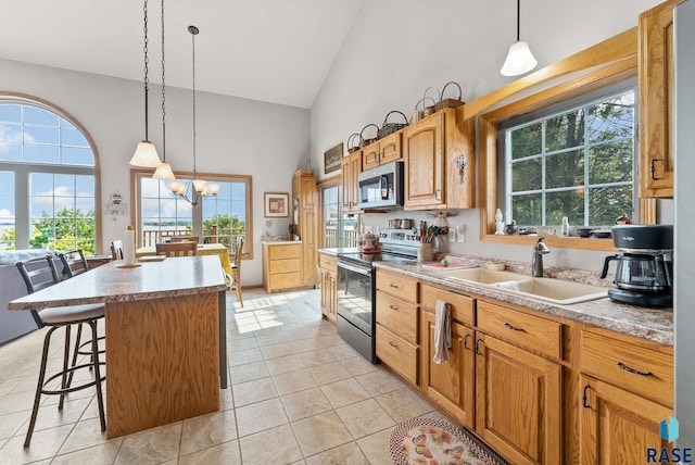 6305 Lakeview Dr, Wentworth, SD 57075 - kitchen with a center island, a breakfast bar, appliances with stainless steel finishes, an inviting chandelier, and a sink