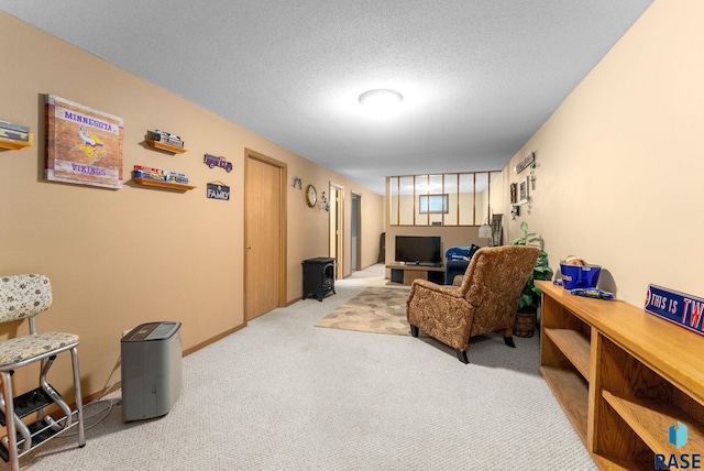 living area with a textured ceiling and carpet flooring