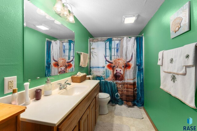 bathroom with plenty of natural light, toilet, vanity, and a textured ceiling