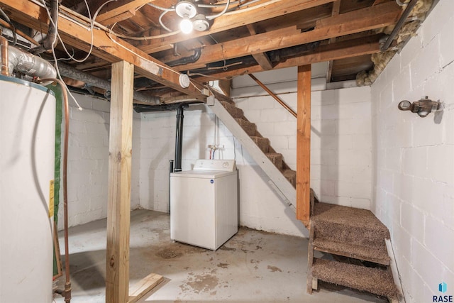 unfinished below grade area with washer / dryer and stairs
