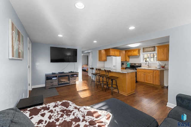 living room featuring dark wood-style floors, recessed lighting, a textured ceiling, and baseboards