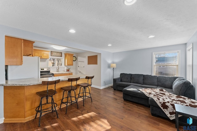 living room featuring recessed lighting, baseboards, dark wood-style flooring, and a textured ceiling