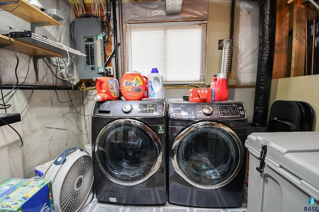 washroom with electric panel and washing machine and clothes dryer