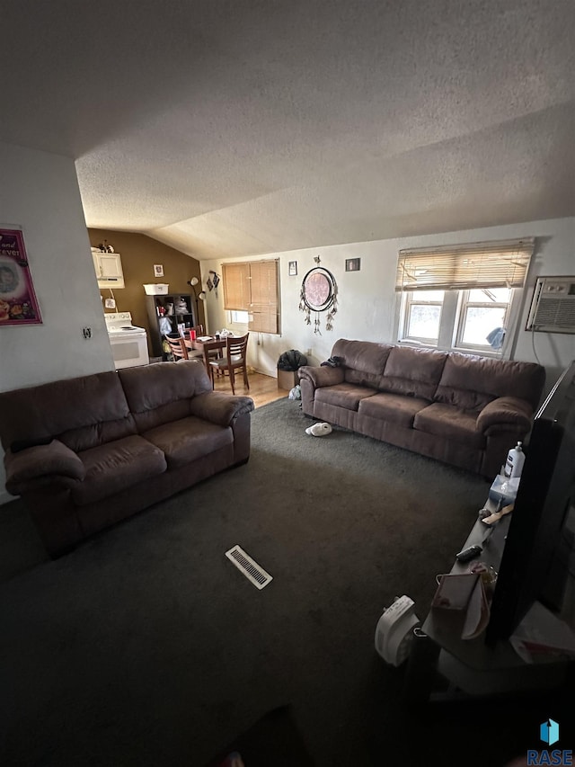 carpeted living area featuring lofted ceiling and a textured ceiling
