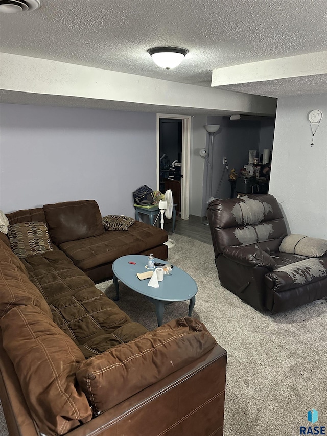carpeted living room with a textured ceiling