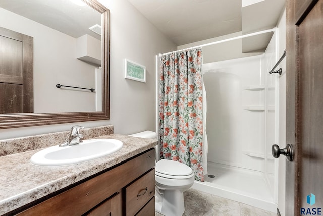 full bath featuring vanity, visible vents, toilet, and a shower stall