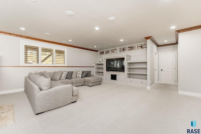 living room featuring recessed lighting, ornamental molding, baseboards, and light carpet
