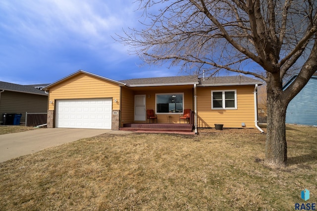single story home with a front lawn, driveway, a shingled roof, and an attached garage