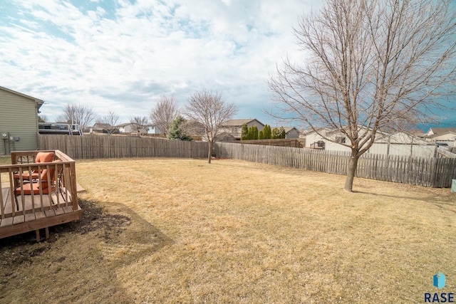 view of yard with a fenced backyard and a wooden deck