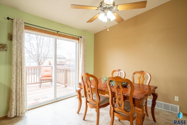 dining space with baseboards, visible vents, and ceiling fan