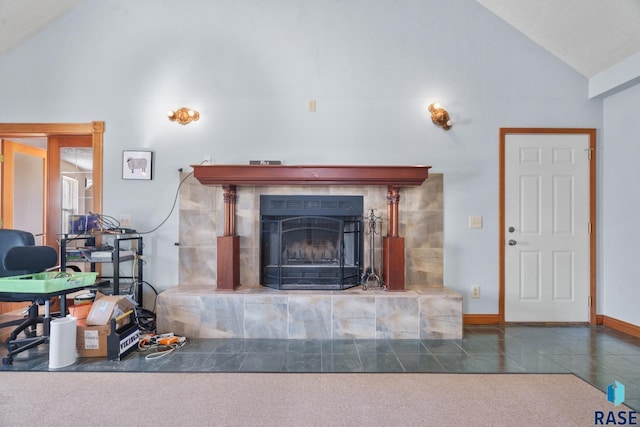 29783 Frog Creek Rd, Centerville, SD 57014 - carpeted living area with baseboards, high vaulted ceiling, a tile fireplace, and tile patterned flooring