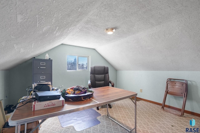 29783 Frog Creek Rd, Centerville, SD 57014 - carpeted office space with baseboards, vaulted ceiling, and a textured ceiling