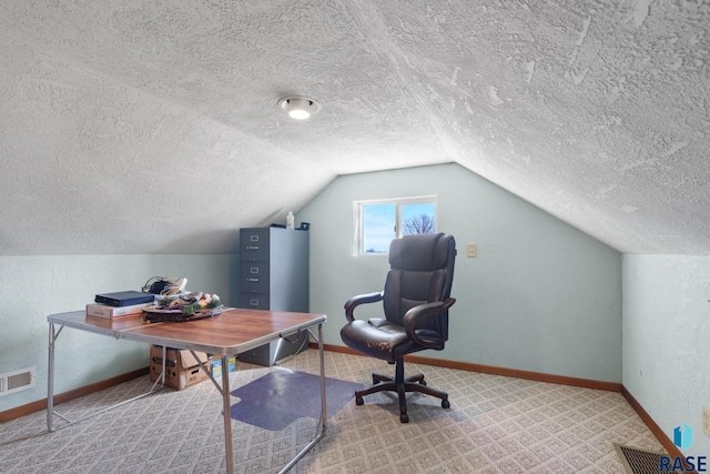 29783 Frog Creek Rd, Centerville, SD 57014 - carpeted office with baseboards, lofted ceiling, visible vents, and a textured ceiling