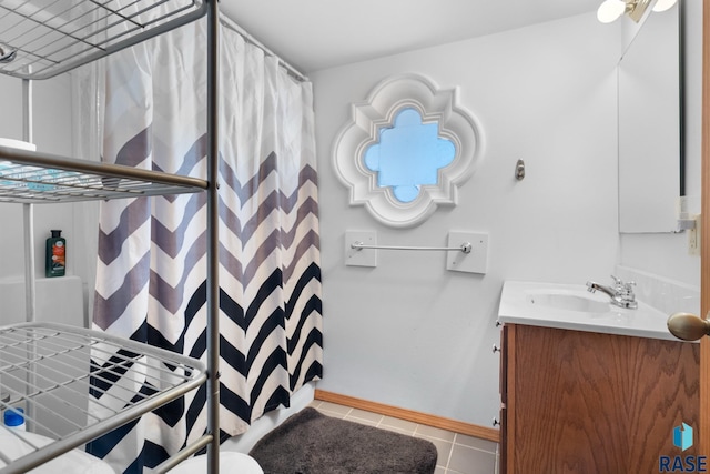 29783 Frog Creek Rd, Centerville, SD 57014 - full bath featuring a shower with curtain, tile patterned flooring, vanity, and baseboards