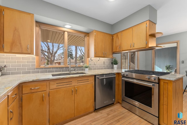 kitchen with a sink, light wood finished floors, tasteful backsplash, appliances with stainless steel finishes, and a peninsula