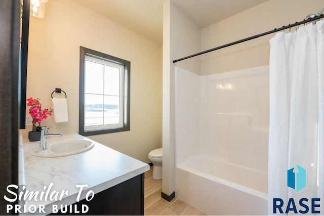 full bathroom with toilet, shower / bath combination with curtain, vanity, and wood finished floors