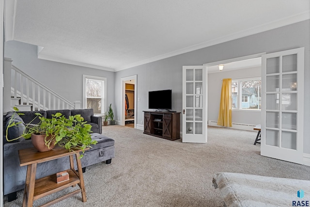 carpeted living area featuring french doors, ornamental molding, a healthy amount of sunlight, and stairs