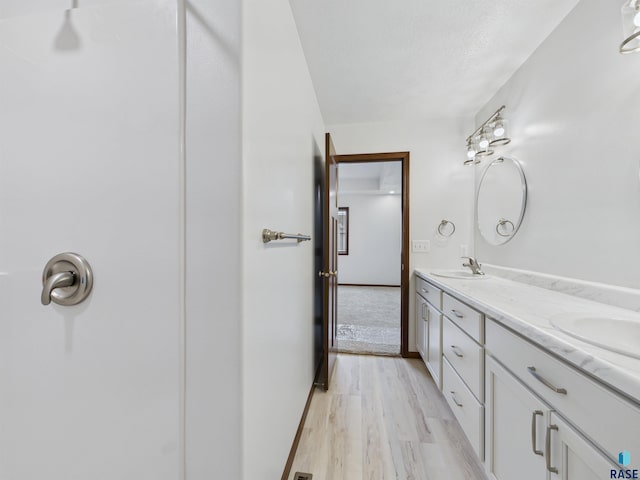 bathroom featuring double vanity, wood finished floors, baseboards, and a sink