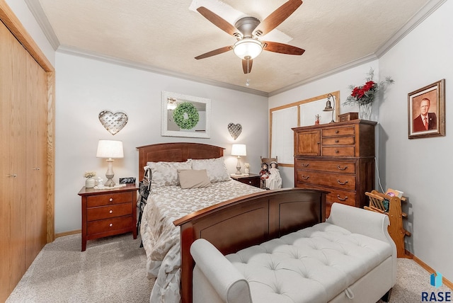 bedroom with a ceiling fan, crown molding, light colored carpet, and a textured ceiling