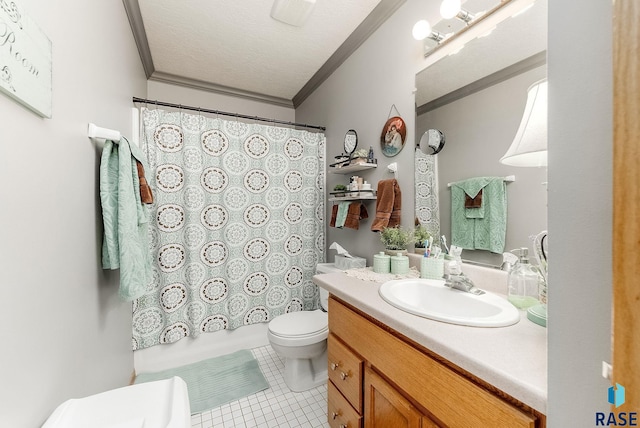 full bathroom with tile patterned floors, toilet, vanity, a textured ceiling, and ornamental molding