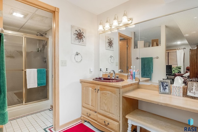 full bath with a shower stall, tile patterned flooring, and vanity