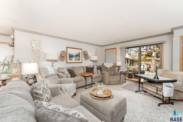 living room with ornamental molding and light carpet