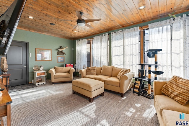 living room featuring wooden ceiling, ceiling fan, carpet, and recessed lighting