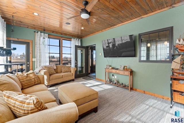 carpeted living room featuring baseboards, a ceiling fan, recessed lighting, and wood ceiling