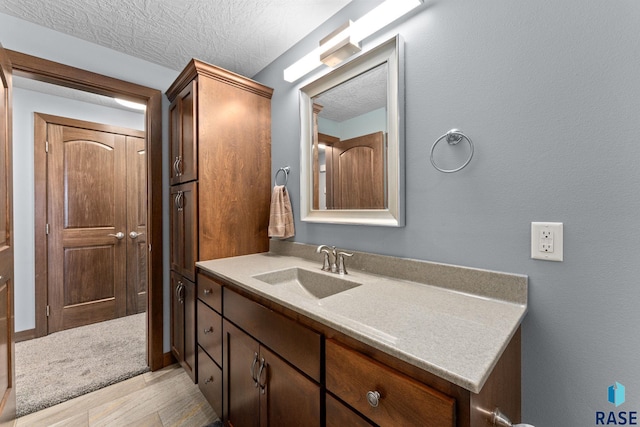 bathroom with vanity, a textured ceiling, and wood finished floors