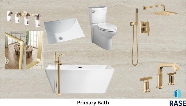 bathroom featuring a soaking tub and toilet