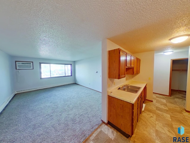 901-909 N Cleveland Ave, Sioux Falls, SD 57103 - kitchen with a textured ceiling, light countertops, a sink, a wall mounted air conditioner, and baseboards