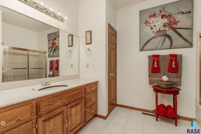 7 N Sun Valley Pl, Sioux Falls, SD 57110 - bathroom with visible vents, baseboards, an enclosed shower, vanity, and tile patterned flooring
