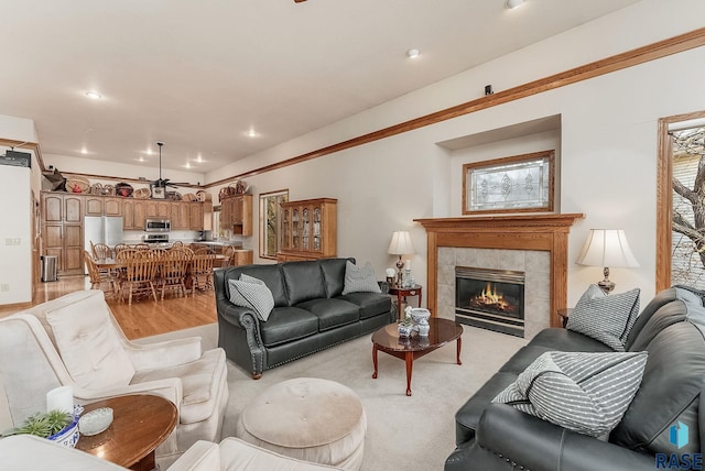 7 N Sun Valley Pl, Sioux Falls, SD 57110 - living room featuring light wood finished floors, ceiling fan, recessed lighting, and a fireplace