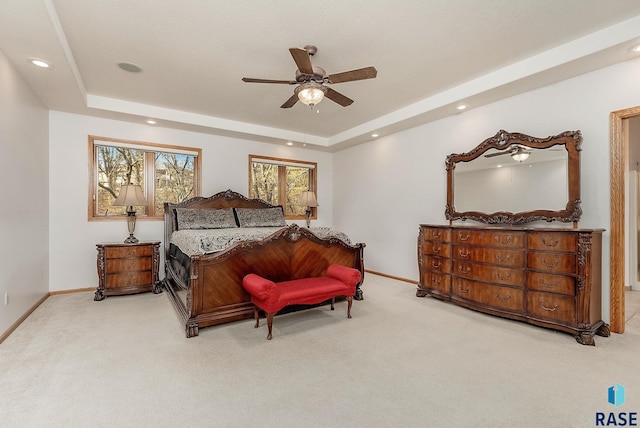 7 N Sun Valley Pl, Sioux Falls, SD 57110 - carpeted bedroom with a tray ceiling, ceiling fan, baseboards, and recessed lighting