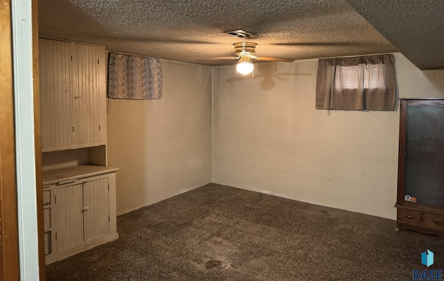 1413 E Rice St, Sioux Falls, SD 57103 - below grade area with visible vents, ceiling fan, dark colored carpet, and a textured ceiling
